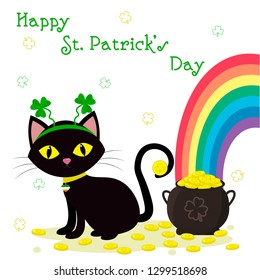 St.Patrick 's Day. Black cat in the bezel with clover, bowler with gold coins, rainbow, clover. Cartoon style, flat design. Vector illustration.