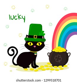 St.Patrick 's Day. Black cat in green caps leprechaun, bowler with gold coins, rainbow, clover. Cartoon style, flat design. Vector illustration.