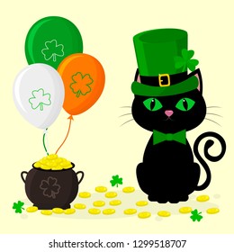 St.Patrick 's Day. A black cat in a green hat of a leprechaun, a pot of gold coins, three balloons, a clover. Cartoon style, flat design. Vector illustration.