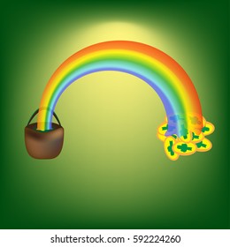 St.Patrick 's Day. Brown pot riddle. Rainbow. A pile of gold coins. Vector illustration.