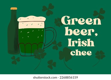 St.Patrick s day Card design with stylized illustration mug of beer on green background