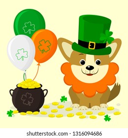 St.Patrick s Day. Cute corgi dog in green hat Leprechaun and red beard. A pot of gold coins, three balls, clover. Cartoon style, flat design. Vector illustration.