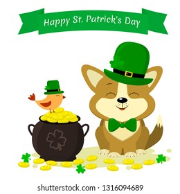 St.Patrick s Day. A cute corgi dog in a green hat is a leprechaun, a bowler hat with golden coins and a bird in a green hat, clover. Cartoon style, flat design. Vector illustration.