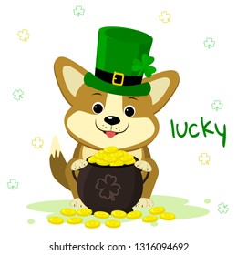 St.Patrick s Day. Cute corgi puppy in green hat leprechaun, bowler with gold coins, clover. Cartoon style, flat design. Vector illustration.