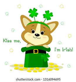 St.Patrick s Day. A cute corgi dog with a rim with clover, sits in a green hat of a leprechaun, golden coins. Cartoon style, flat design. Vector illustration.