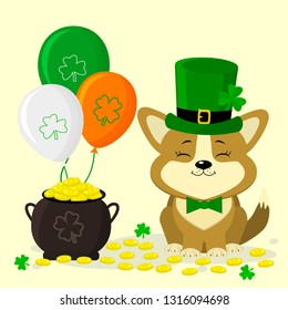 St.Patrick s Day. Cute corgi dog in green hat. Leprechaun and butterfly green tie. A pot of gold coins, three balls, clover. Cartoon style, flat design. Vector illustration.