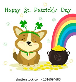 St.Patrick s Day. Cute dog corgi bezel with clover, bowler with gold coins, rainbow, clover. Cartoon style, flat design. Vector illustration.