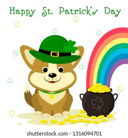 St.Patrick s Day. Cute dog corgi in a leprechaun hat with a clover, bowler with gold coins, rainbow, clover. Cartoon style, flat design. Vector illustration.