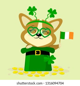 St.Patrick s Day. A cute dog corgi in a bezel with clover and glasses, sits in a green hat of a leprechaun, gold coins, the flag of Ireland. Cartoon style, flat design. Vector illustration.