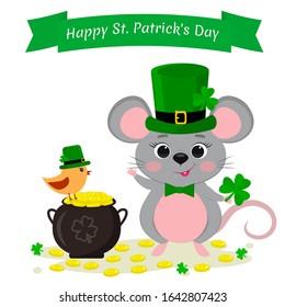 St.Patrick s Day. A cute gray mouse in a green hat stands and raised a paw, a bowler with gold coins and a bird in a green hat, clover. Cartoon style, flat design. Vector.