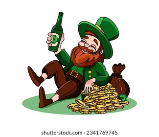 St.Patrick 's Day. Funny comic strip with Irish leprechaun. Traditional celebration with shamrock symbol, bag of golden coins, green beer. Beer Festival. Hope, love, faith. Used for web design.