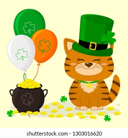 St.Patrick 's Day. Ginger striped kitten in a green hat of the gnome, a pot of gold coins, three balloons, clover. Cartoon style, flat design. Vector illustration.