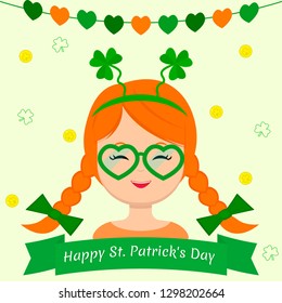 St.Patrick 's Day. Girl dressed as a gnome, with a clover rim, green glasses in the shape of a heart and red braids in cartoon style, flat style, vector.