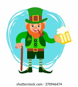 St.Patrick 's Day. gnome with a pipe and a glass of beer