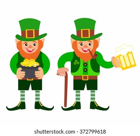 St.Patrick 's Day. gnome with a pipe and a glass of beer on a white background