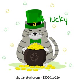 St.Patrick 's Day. Gray striped cat in a green leprechaun hat, bowler with gold coins, clover. Cartoon style, flat design. Vector illustration.