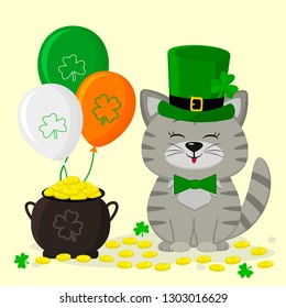 St.Patrick 's Day. A gray striped Kitty in a green hat of a leprechaun, a pot of gold coins, three balloons, a clover. Cartoon style, flat design. Vector illustration.