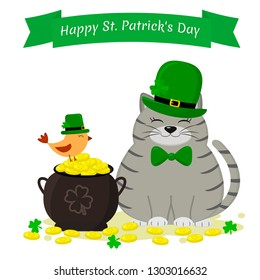 St.Patrick 's Day. Gray striped cat in a green hat, a leprechaun, a teapot with gold coins and a bird in a green hat, a clover. Cartoon style, flat design. Vector illustration.