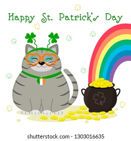 St.Patrick 's Day. Gray striped cat in the bezel with clover, bowler with gold coins, rainbow, clover. Cartoon style, flat design. Vector illustration.