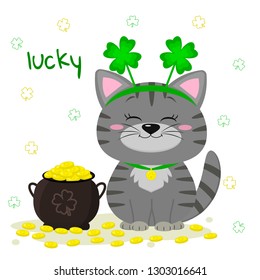 St.Patrick 's Day. Gray striped kitten in the bezel with clover, bowler with gold coins, clover. Cartoon style, flat design. Vector illustration.