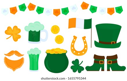 St.Patrick 's Day. Green hat, a pot of gold coins, shamrock, horseshoe, Irish flag. A set of clipart for serving banners, cards, invitations.