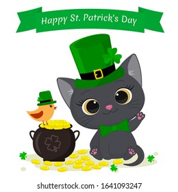 St.Patrick s Day greeting card. Cute gray kitten in a green hat leprechaun, bowler hat with gold coins and a bird in a green hat, a clover. Cartoon style, flat design. Vector.