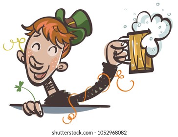 St.Patrick 's Day. Happy Man Drinking Beer. Comic Character. Vector illustration