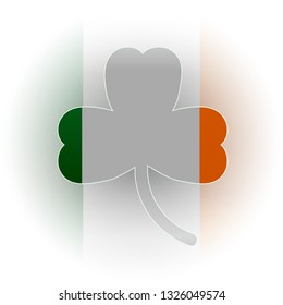 St.Patrick 's Day. Holiday. Celebration. Magic Clover trefoil. Ireland flag. Image of Clover on misted glass under the flag of Ireland.