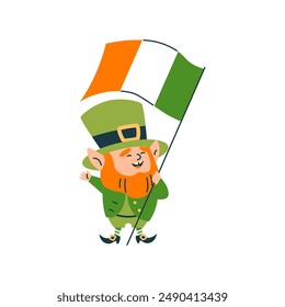 St.Patrick 's Day. Holiday leprechaun vector illustration. A red-bearded character in a green hat holds an Irish flag in his hands. Flat cartoon style on isolated background.