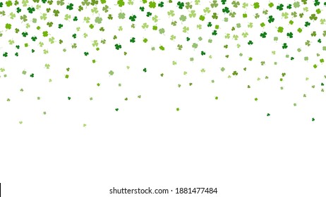 St.Patrick' s day horizontal seamless background. Green clover leaves random falling on white background. Ideal for greeting card, horizontal posters, header for website. Vector Illustration
