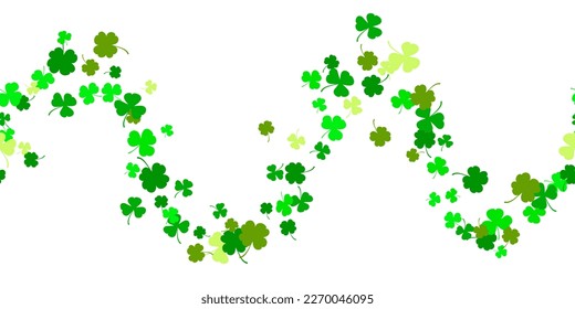 St.Patrick s day horizontal seamless background. Green clover leaves random falling on white background. Ideal for greeting card, horizontal posters, header for website. Vector Illustration