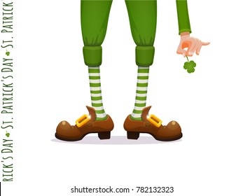 St.Patrick 's Day. Legs of a leprechaun and Patrick's hand with a shamrock clover. Legs of the Elf. Humorous vector illustration for festive design.