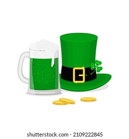 St.Patrick 's Day. Leprechaun hat, green beer and gold coins. Vector elements.
