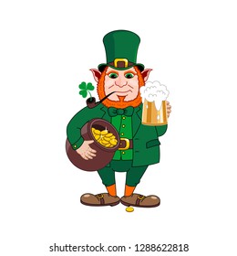 St.Patrick s Day. Leprechaun with a mug of beer, a pipe and a pot of gold coins