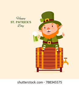 St.Patrick 's Day. Leprechaun sits on a barrel with a pint of green beer in his hand. Traditional national character of Irish folklore. Element of the set of leprechauns. Festive collection. Isolated