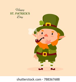 St.Patrick 's Day. Leprechaun smokes a pipe. Traditional national character of Irish folklore. Isolated element of the set of leprechauns 14. Festive collection. Vector illustration