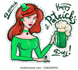 St.Patrick 's Day. March 17 holiday. Woman leprechaun, Irish with a mug of beer. Engraving on white background.