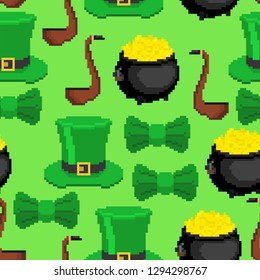 St.Patrick 's Day pattern seamless. Background pixel art 8 bit. leprechaun hat and pot of gold. Holiday of Ireland. Traditional Irish holiday.