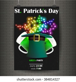 St.Patrick 's Day. Poster with leprechaun hat , two mugs of green beer and rainbow of colorful lanterns . Set of vector illustrations. A 4. 