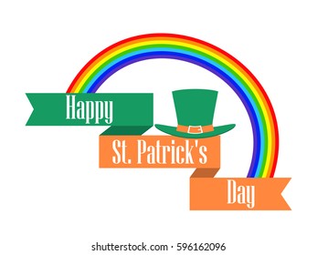 St.Patrick 's Day. Rainbow and leprechaun hat with ribbon. Celebratory banner. Vector illustration