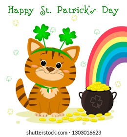 St.Patrick 's Day. Red striped cat in the bezel with clover, bowler with gold coins, rainbow, clover. Cartoon style, flat design. Vector illustration.