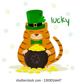 St.Patrick 's Day. Red striped cat in a green leprechaun hat, bowler with gold coins, clover. Cartoon style, flat design. Vector illustration.