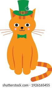 St.Patrick 's Day. Red striped cat in a green leprechaun hat, clover. Cartoon style, flat design. Vector illustration.