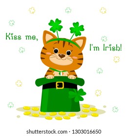 St.Patrick 's Day. A red tabby cat in a headband with clover, sits in a green hat, a leprechaun, gold coins. Cartoon style, flat design. Vector illustration.