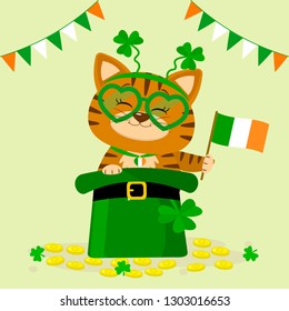 St.Patrick 's Day. A red tabby cat in a headband with clover, sits in a green hat, a leprechaun, gold coins, flag of ireland. Cartoon style, flat design. Vector illustration.