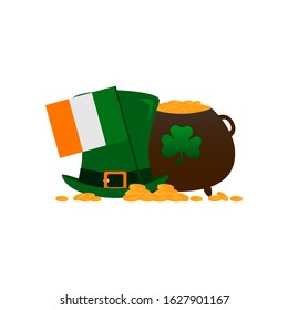 St.Patrick 's Day. Set of elements for St. Patrick's Day design: green top hat, clover, national flag, pot of gold coins, gold coins. Vector illustration.