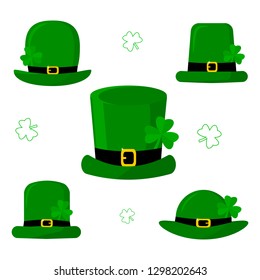 St.Patrick 's Day. Set of five different green caps leprechaun with clover. Cartoon style, flat design. Vector illustration.