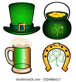 St.Patrick 's Day. Set for Patrick's Daу. Elements, symbolism of St. Patrick's Day - A green leprechaun hat with a buckle, a pot filled with gold mvnetami, a mug with foamy beer, a horseshoe and clove
