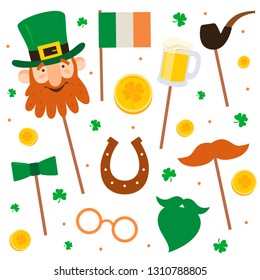 St.Patrick 's Day. A set of symbols of the Irish holiday: Leprechaun head, flag, beer mug, red mustache, green beard, gold coins, smoking pipe on a white background. Festive illustration.