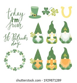 St.Patrick 's Day. Set of vector clipart with cute gnomes. Irish holiday. Festive lettering st patrick's day